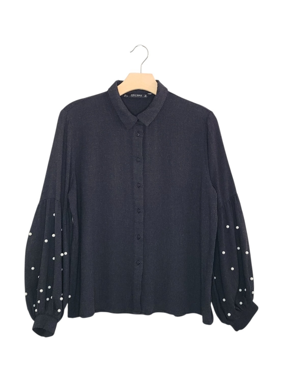 Zara Black Button-Down Shirt with Pearl-Embellished Balloon Puff Sleeves